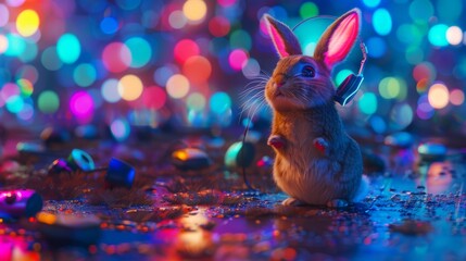 a rabbit immersed in a world of sound and light, headphones snugly in place, as it dances to the...