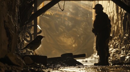 Fototapeta premium Explore the juxtaposition of beauty and fear as a canary, its feathers shimmering in the dim light, cowers in a coal mine alongside a miner's turnout