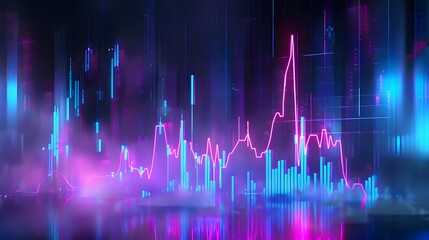 Market Stock Trends Under Neon Blue and Glow Purple, Perspective Dynamic and Depth in Illustration Financial - obrazy, fototapety, plakaty