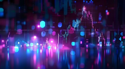 Market Stock Trends Under Neon Blue and Glow Purple, Perspective Dynamic and Depth in Illustration Financial