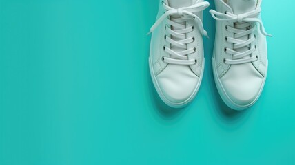Pair of white sneakers with untied laces on turquoise background