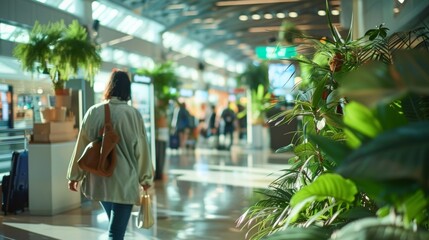 A traveler walking through a bustling airport terminal passing by a stand selling ecofriendly...