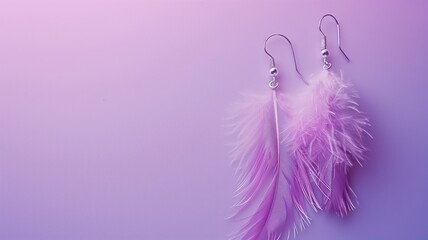 Pair of delicate pink feather earrings on purple background - obrazy, fototapety, plakaty
