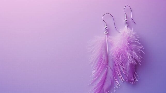 Pair of delicate pink feather earrings on purple background