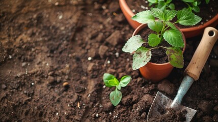 Young plants in terracotta pots with gardening trowel on rich soil - Powered by Adobe