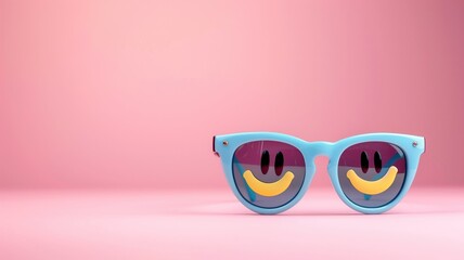 Pair of blue sunglasses with smiling faces on pink background