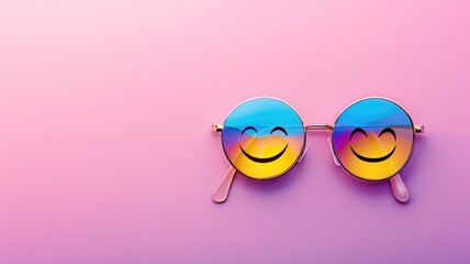 Pair of sunglasses with smiling face emojis on pink background