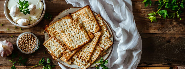 Happy Passover - Happy Pesach. Traditional Passover bread on wooden table. Horizontal banner.