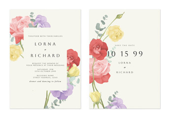 Wedding invitation template, colorful roses bouquet on light brown background