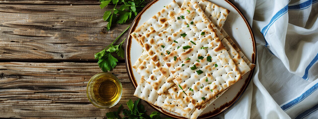 Fototapeta premium Happy Passover - Happy Pesach. Traditional Passover bread on wooden table. Horizontal banner.