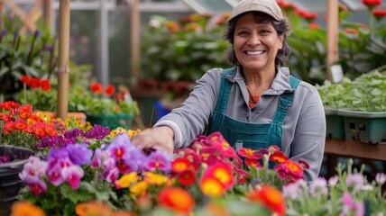 Smiling woman organizes colorful flowers in greenhouse, wearing overalls - obrazy, fototapety, plakaty
