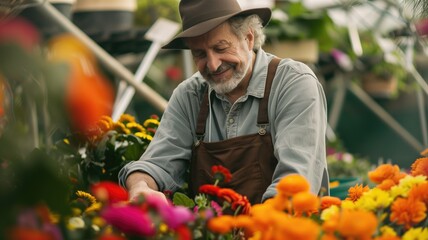 Fototapeta na wymiar Elderly man with hat smiling while tending to colorful flowers in greenhouse