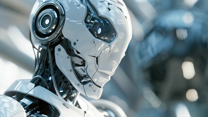 Fototapeta premium Close-up of robot with intricate mechanical details resembling human head structure and single prominent eye