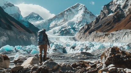 Person with backpack observes stunning glacier landscape sharp mountain peaks and bright blue skies