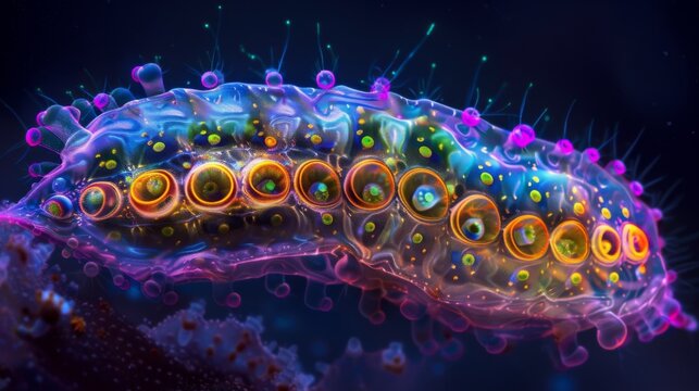 A crosssectional view of a ciliate with its intricate internal structures and organelles lit up in fluorescent colors demonstrating