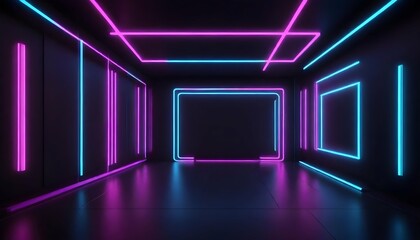 Futuristic Modern Neon Glowing Design Architecture. Abstract Empty Dark Interior Background. 3d...