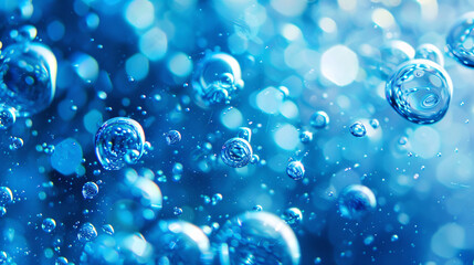 Molecules inside liquid bubbles on water background, cosmetic essence, cosmetic spa medical skin care, 3d illustration