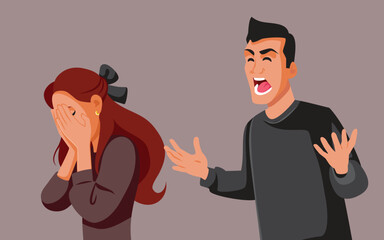 Angry Man Screaming at His Distressed Girlfriend Vector Cartoon Illustration. Unhappy woman crying because of the mistreat of her abusive husband
 - obrazy, fototapety, plakaty