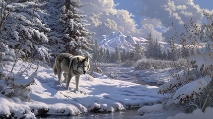  a grey wolf as it prowls through the snow-covered expanse of its habitat, its keen senses attuned to the slightest movement,  