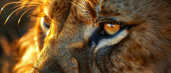 Lion mane, close up, golden hour light, detailed fur, powerful gaze