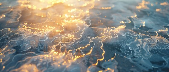 Frozen lake surface, close up, intricate ice patterns, soft winter sunlight - obrazy, fototapety, plakaty