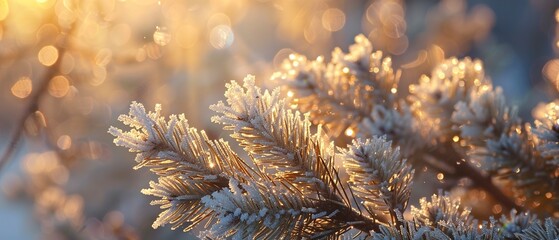 Frost on pine needles, close up, early morning, crisp details, soft backlight