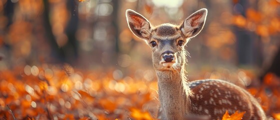 Deer in forest, close up, gentle eyes, autumn leaves, soft morning light - obrazy, fototapety, plakaty