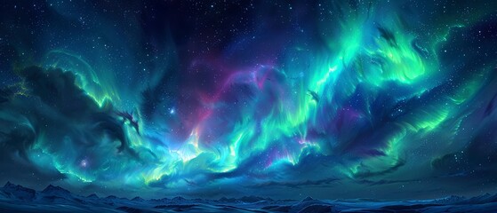 Fototapeta na wymiar Aurora borealis in night sky, close up, vibrant greens and purples, detailed