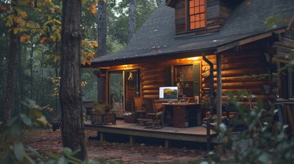 A quaint cabin in the woods with a large computer monitor and keyboard set up on the front porch. The owner can enjoy the peaceful surroundings while working remotely and utilizing . - obrazy, fototapety, plakaty