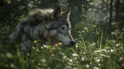 Fototapeta premium a grey wolf as it stands amidst the towering pines, its stoic demeanor and piercing gaze captured with unmatched clarity by an HD camera