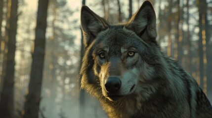 Naklejka premium a grey wolf as it stands amidst the towering pines, its stoic demeanor and piercing gaze captured with unmatched clarity by an HD camera