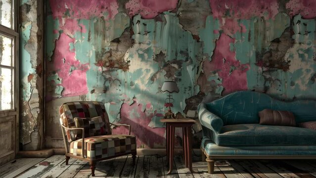 Vintage living room with threadbare furniture and peeling wallpaper. Pink and Blue tones. Grunge style illustration