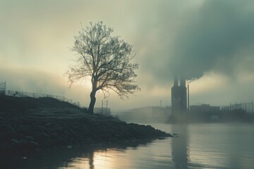 Eerie landscape with a solitary tree by a misty riverside, industrial backdrop evoking solitude and reflection.

