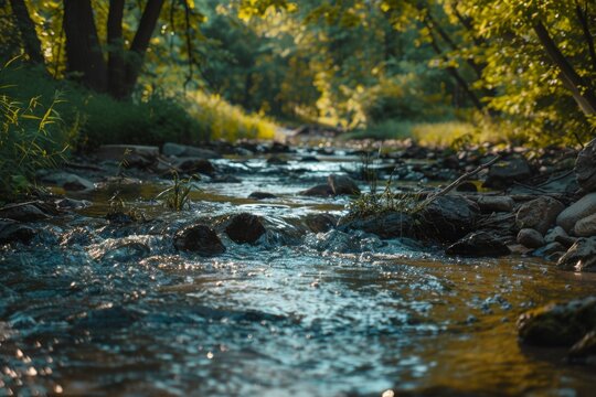 Lush creek scene with sparkling water flowing through a sun-dappled forest, conveying a sense of calm and the essence of nature.


