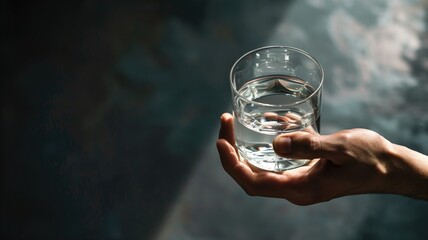 Close-up of hand holding clear glass water with blurred dark background