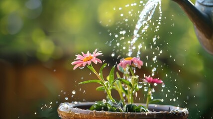 Watering can pouring water on blooming pink flowers in sunny garden setting