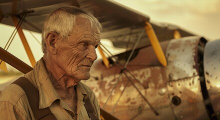 A profile portrait of an elderly man with a weathered face and a le in his eye standing next to a biplane he used to fly during his time as a pilot in the Air Force. The wellworn plane . - obrazy, fototapety, plakaty