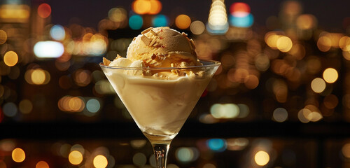 Savor the flavor of a decadent ice cream cocktail against the backdrop of city lights twinkling in...