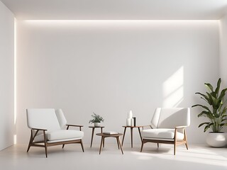  Modern minimal interior with two armchair on empty white color wall background  with copy space