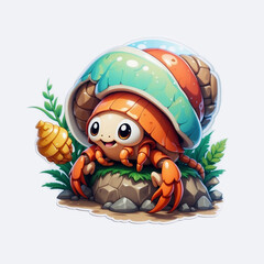 Cute hermit crab cartoon character sea animal underwater illustration and vector