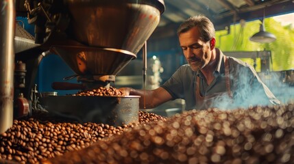 A coffee roaster inspecting beans for quality and consistency