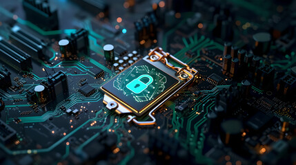 Lock on circuit board background, Cybersecurity ,3D rendering, protection from hacking and hackers concept, data protection on hard information media, protection of online information