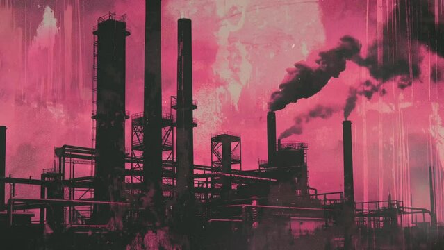 Vintage steel mill with billowing smokestacks. Pink and Black tones. Grunge style illustration