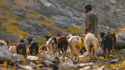 A farmer herding goats through rocky terrain in search of fresh pasture - obrazy, fototapety, plakaty