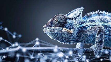 Digital chameleon in neon colors. Big data visualization. Information aesthetic design. Animal learning. Generative AI