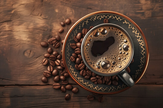 Photo of a steaming cup of coffee with beans on a wooden background