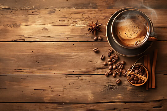 Aromatic Steaming Coffee Cup on Wooden Background