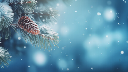Christmas tree outdoor with snow, lights bokeh around, and snow falling, Christmas atmosphere