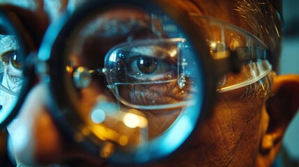 A machinists hands are seen through the reflection in their safety goggles working carefully and precisely on a small metal piece. The reflection also captures the intricate details .