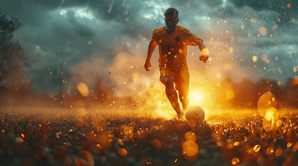 Naklejka premium football or soccer player running fast and kicking a ball while training at dramatic stadium shot. Generative Ai